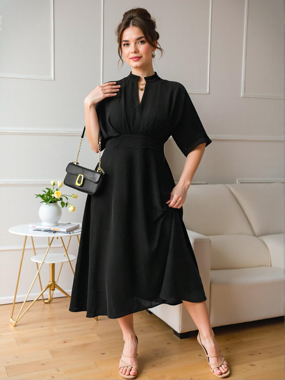 Elegant Black Plus Size Midi Dress with Ruffle Design and V-Neck – Perfect for Commuting in Spring and Summer – Chic, Classy, and Trendy Fashion Style to Dress to Impress - Image 3