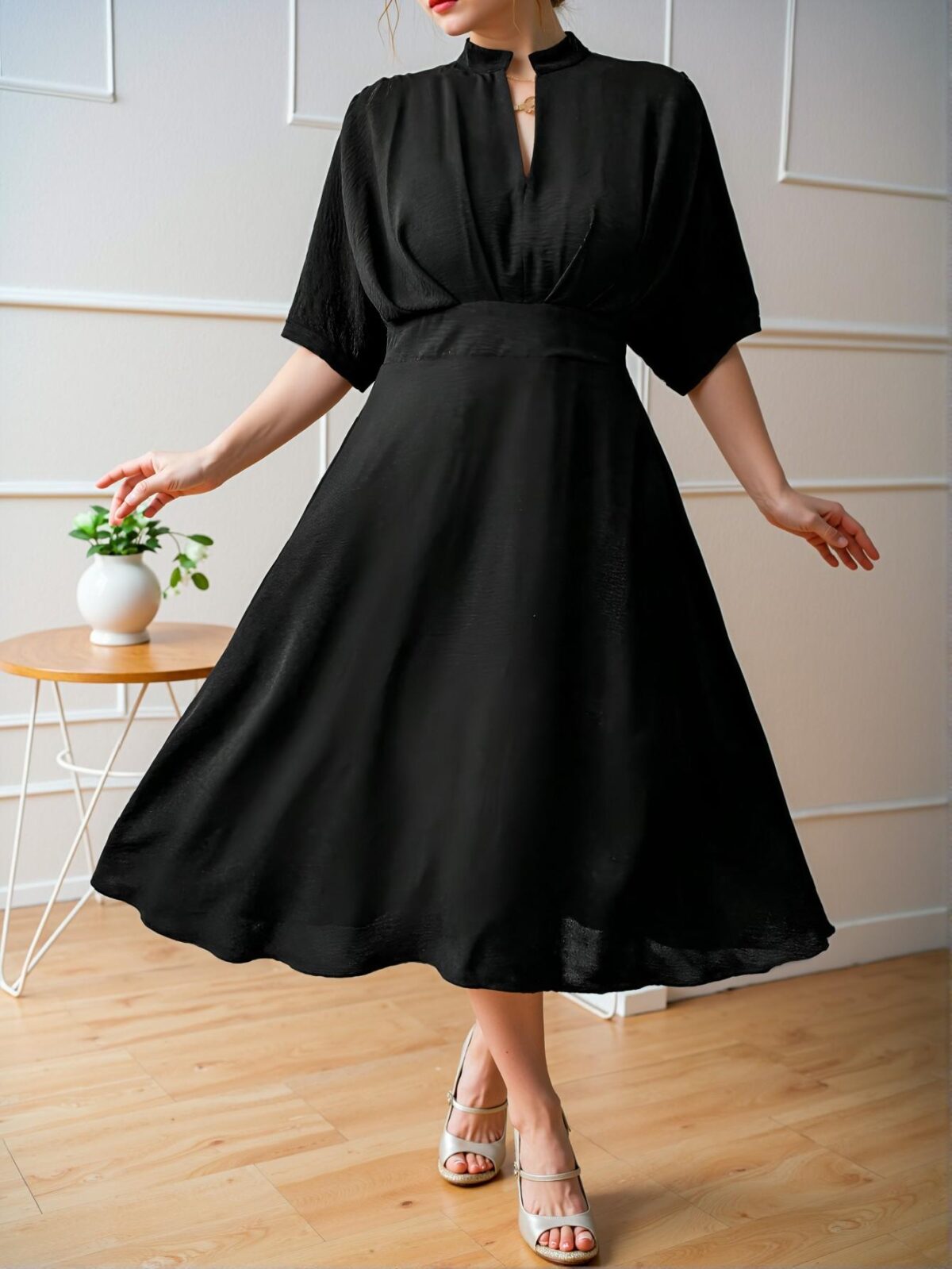 Elegant Black Plus Size Midi Dress with Ruffle Design and V-Neck – Perfect for Commuting in Spring and Summer – Chic, Classy, and Trendy Fashion Style to Dress to Impress - Image 4
