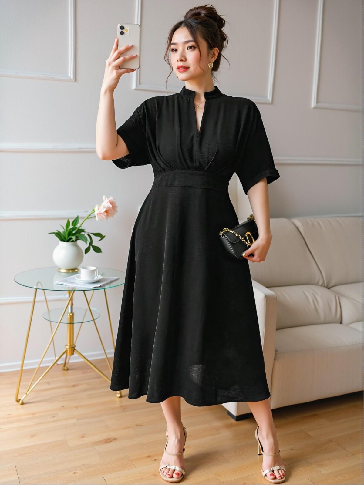 Elegant Black Plus Size Midi Dress with Ruffle Design and V-Neck – Perfect for Commuting in Spring and Summer – Chic, Classy, and Trendy Fashion Style to Dress to Impress - Image 5