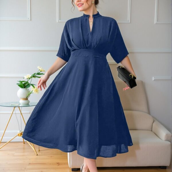 Elegant Blue Pleated Midi Dress with Elastic Waist and V-Neck, Perfect for Spring and Summer Adventures - Chic, Classy, and Trendy Fashion Style to Dress to Impress