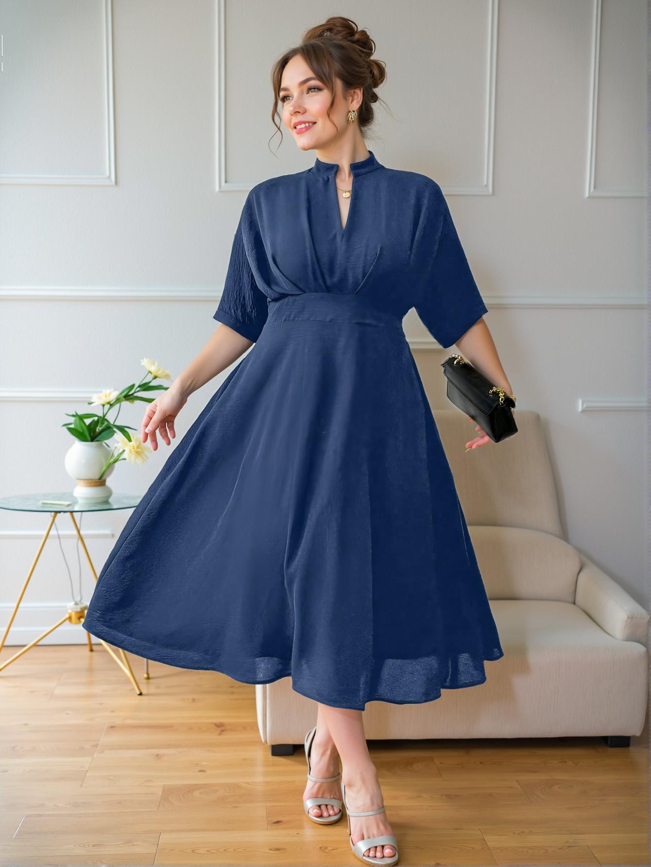 Elegant Blue Pleated Midi Dress with Elastic Waist and V-Neck, Perfect for Spring and Summer Adventures - Chic, Classy, and Trendy Fashion Style to Dress to Impress