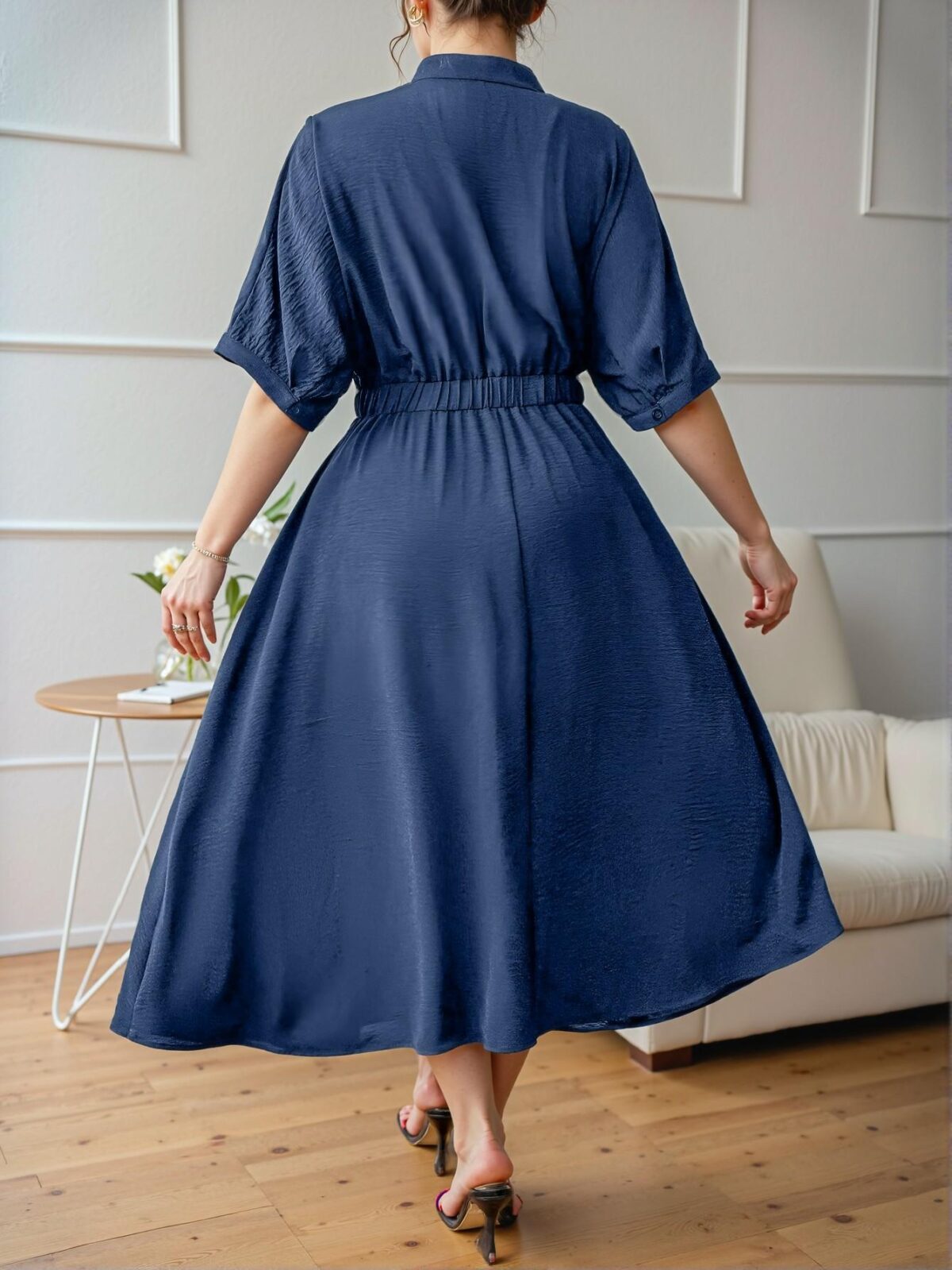 Elegant Blue Pleated Midi Dress with Elastic Waist and V-Neck, Perfect for Spring and Summer Adventures - Chic, Classy, and Trendy Fashion Style to Dress to Impress - Image 2
