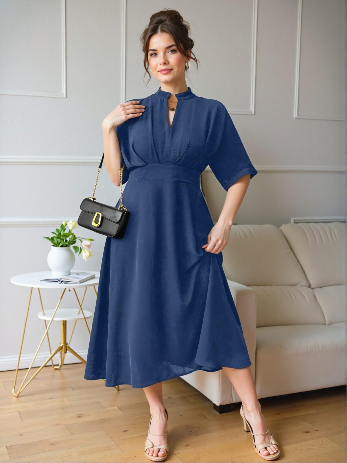 Elegant Blue Pleated Midi Dress with Elastic Waist and V-Neck, Perfect for Spring and Summer Adventures - Chic, Classy, and Trendy Fashion Style to Dress to Impress - Image 3