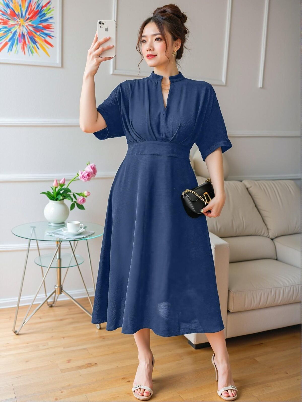 Elegant Blue Pleated Midi Dress with Elastic Waist and V-Neck, Perfect for Spring and Summer Adventures - Chic, Classy, and Trendy Fashion Style to Dress to Impress - Image 4