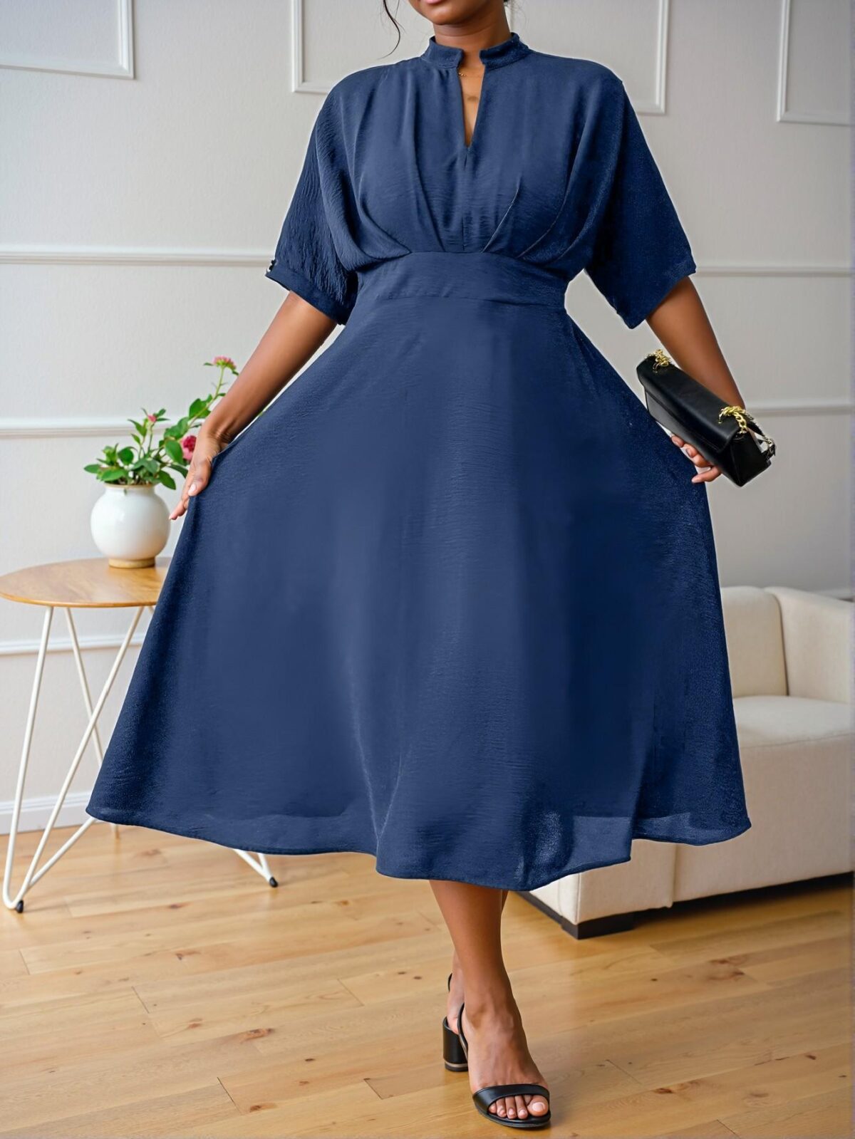 Elegant Blue Pleated Midi Dress with Elastic Waist and V-Neck, Perfect for Spring and Summer Adventures - Chic, Classy, and Trendy Fashion Style to Dress to Impress - Image 5