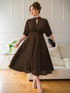 Elegant Brown Flared A-Line Dress with Pleated Design and High Waist for Effortless Office Chic "Chic, Classy and Trendy Fashion Style to Dress to Impress"