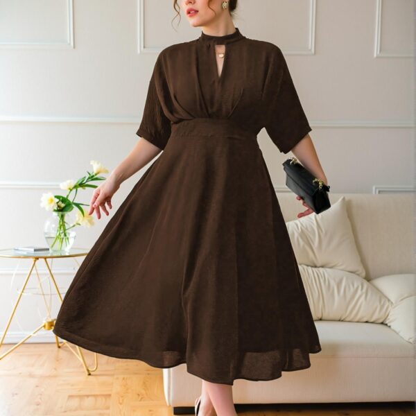 Elegant Brown Flared A-Line Dress with Pleated Design and High Waist for Effortless Office Chic "Chic, Classy and Trendy Fashion Style to Dress to Impress"