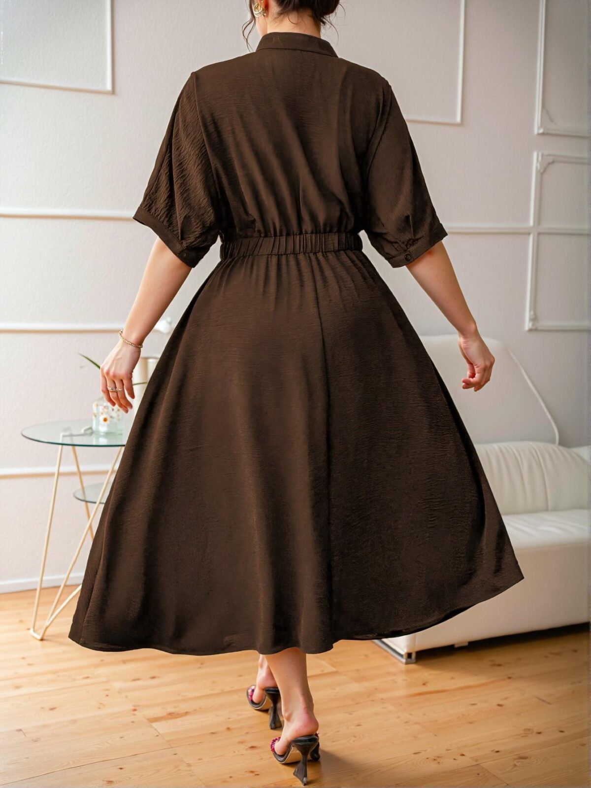 Elegant Brown Flared A-Line Dress with Pleated Design and High Waist for Effortless Office Chic "Chic, Classy and Trendy Fashion Style to Dress to Impress" - Image 2