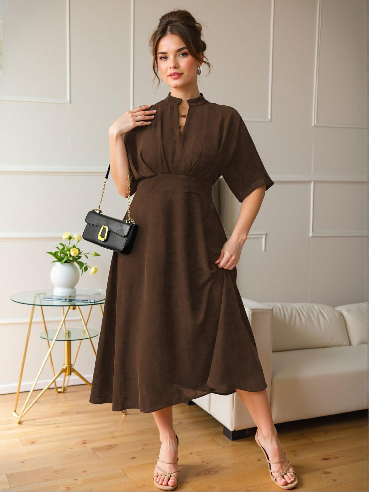 Elegant Brown Flared A-Line Dress with Pleated Design and High Waist for Effortless Office Chic "Chic, Classy and Trendy Fashion Style to Dress to Impress" - Image 3