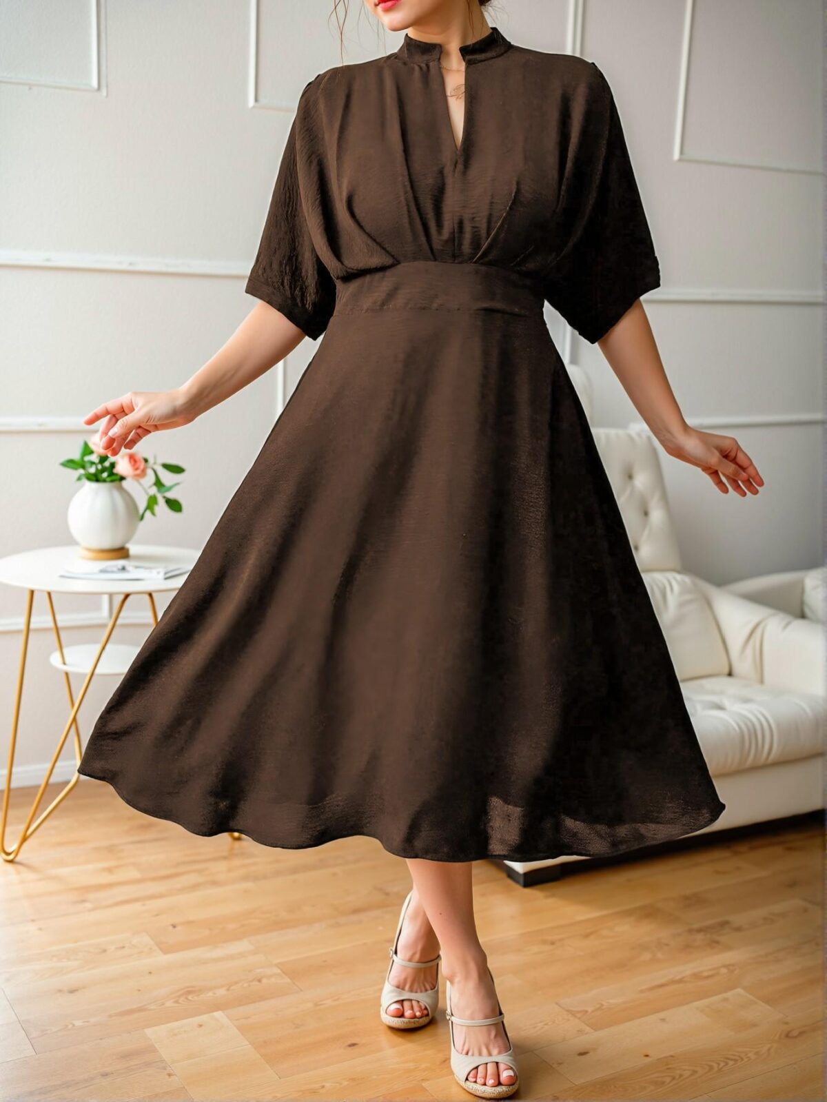 Elegant Brown Flared A-Line Dress with Pleated Design and High Waist for Effortless Office Chic "Chic, Classy and Trendy Fashion Style to Dress to Impress" - Image 4
