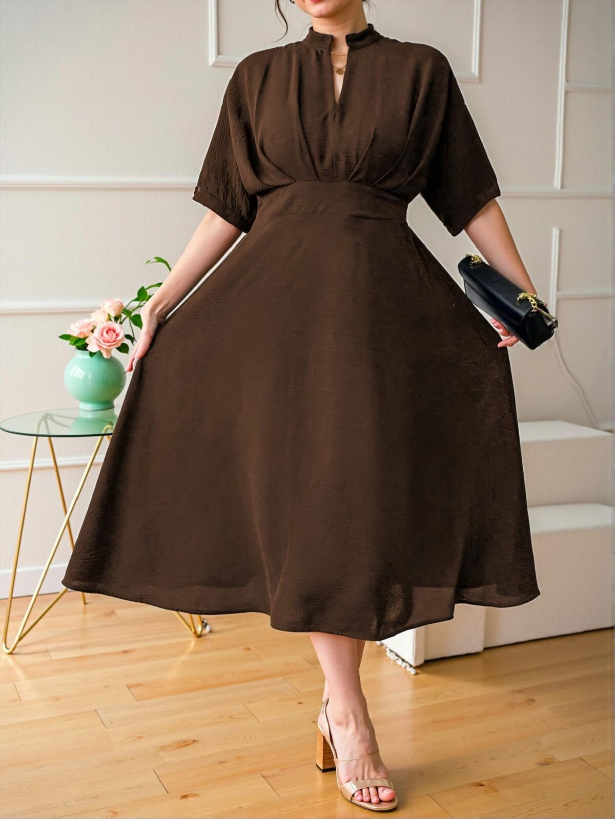Elegant Brown Flared A-Line Dress with Pleated Design and High Waist for Effortless Office Chic "Chic, Classy and Trendy Fashion Style to Dress to Impress" - Image 5