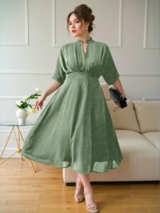 Elegant Green Flared A-Line Midi Dress with Pleated Design and Wide Elastic Waistband for Spring and Summer - Chic, Classy, and Trendy Fashion Style to Dress to Impress
