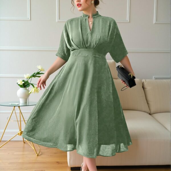 Elegant Green Flared A-Line Midi Dress with Pleated Design and Wide Elastic Waistband for Spring and Summer - Chic, Classy, and Trendy Fashion Style to Dress to Impress