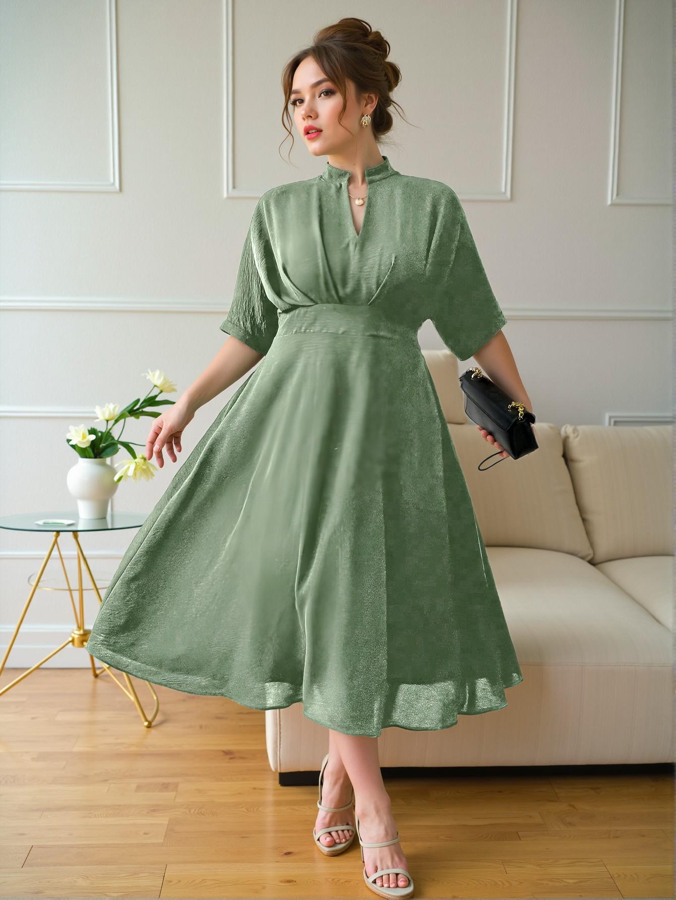 Elegant Green Flared A-Line Midi Dress with Pleated Design and Wide Elastic Waistband for Spring and Summer - Chic, Classy, and Trendy Fashion Style to Dress to Impress