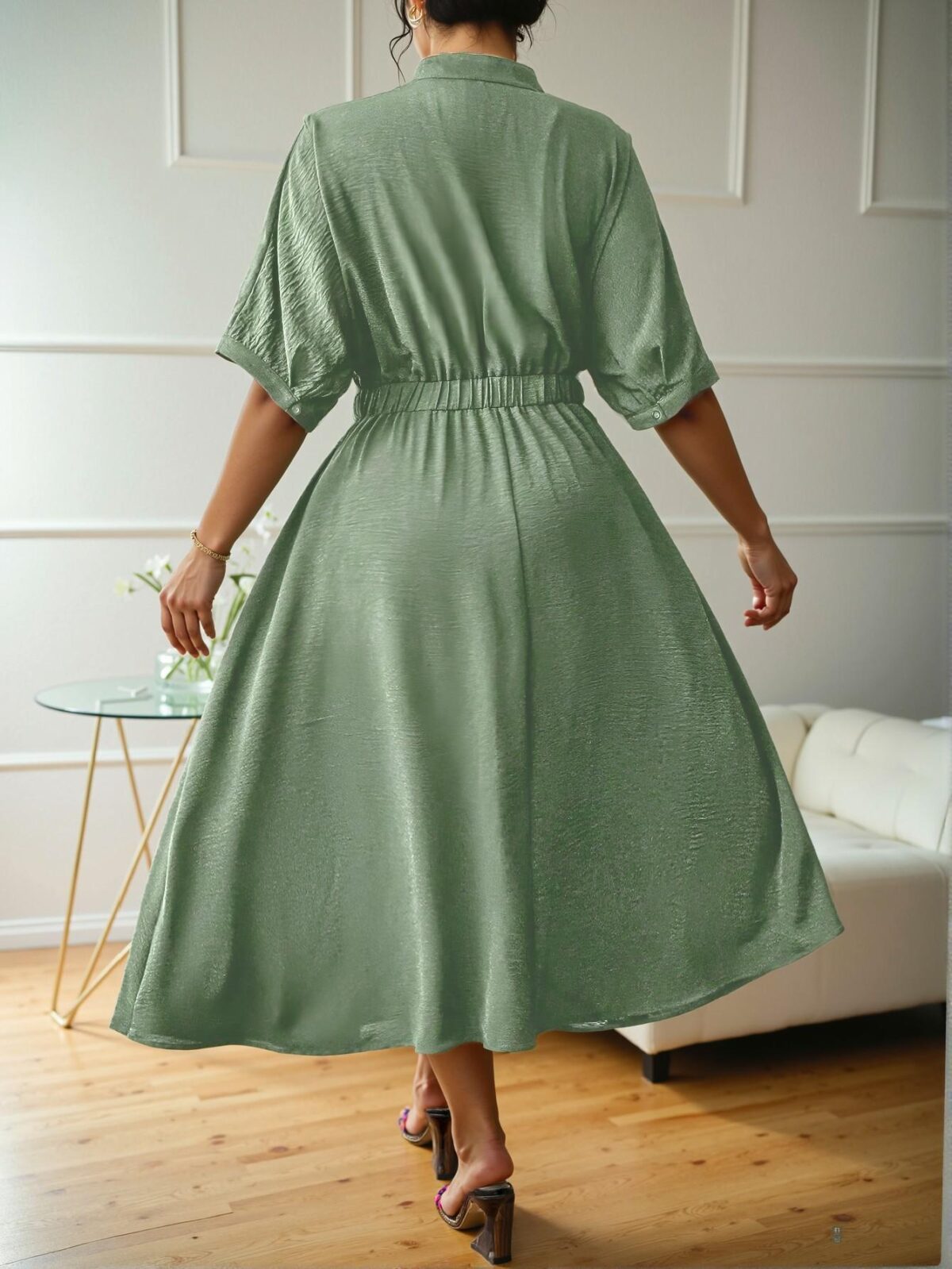 Elegant Green Flared A-Line Midi Dress with Pleated Design and Wide Elastic Waistband for Spring and Summer - Chic, Classy, and Trendy Fashion Style to Dress to Impress - Image 2