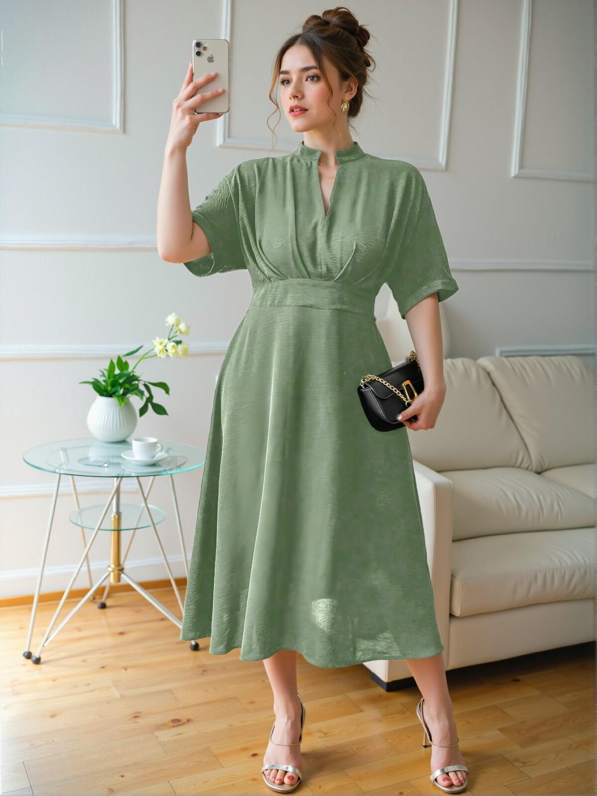 Elegant Green Flared A-Line Midi Dress with Pleated Design and Wide Elastic Waistband for Spring and Summer - Chic, Classy, and Trendy Fashion Style to Dress to Impress - Image 3