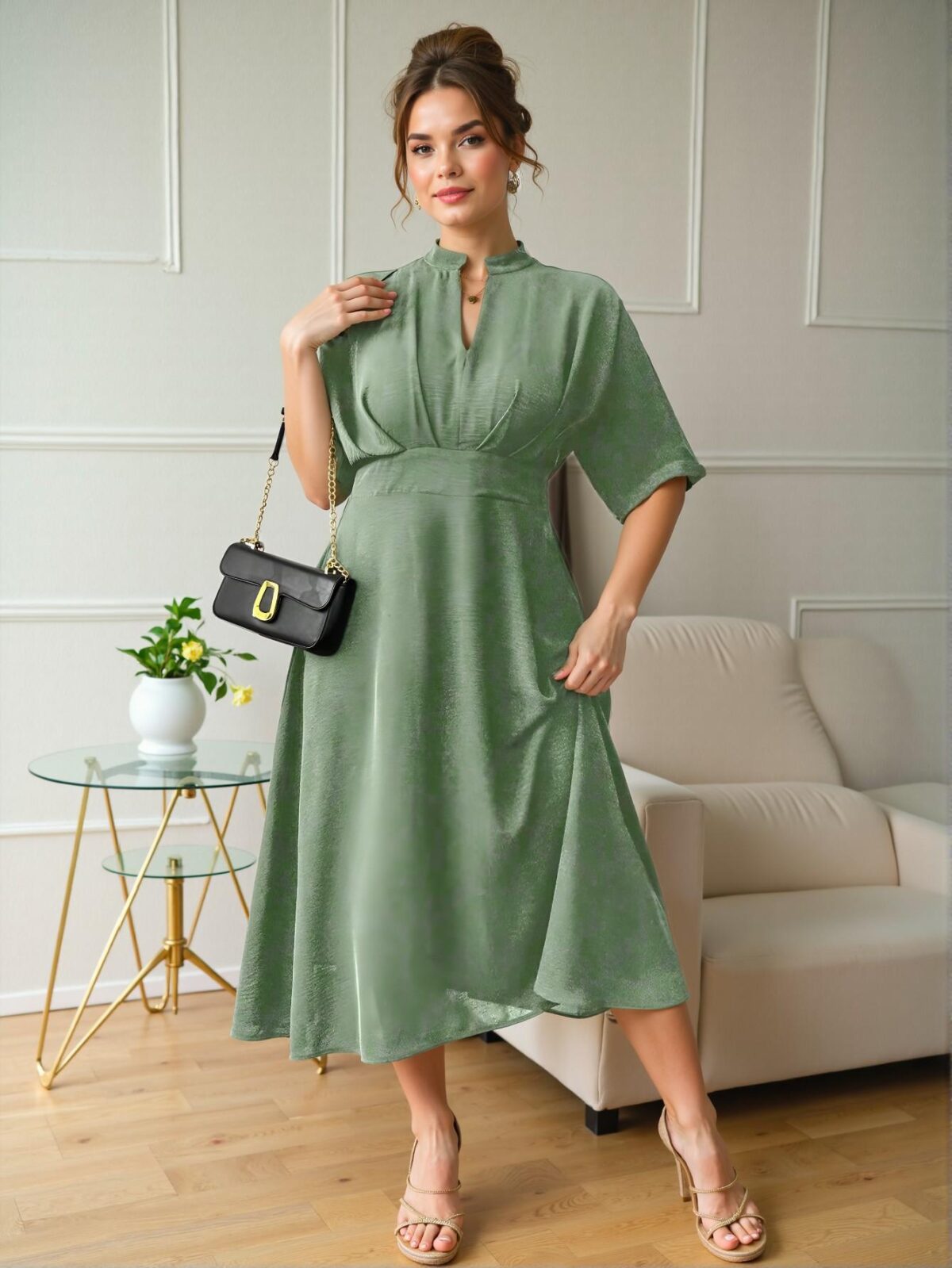 Elegant Green Flared A-Line Midi Dress with Pleated Design and Wide Elastic Waistband for Spring and Summer - Chic, Classy, and Trendy Fashion Style to Dress to Impress - Image 4