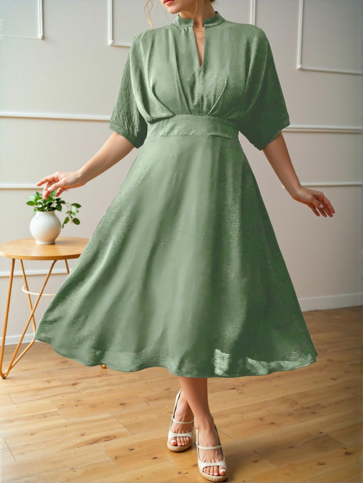 Elegant Green Flared A-Line Midi Dress with Pleated Design and Wide Elastic Waistband for Spring and Summer - Chic, Classy, and Trendy Fashion Style to Dress to Impress - Image 5