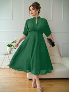 Elegant Green A-Line Midi Plus Size Dress with Pleats and V-Neck for Effortless Summer Style – Chic, Classy, and Trendy Fashion to Dress to Impress