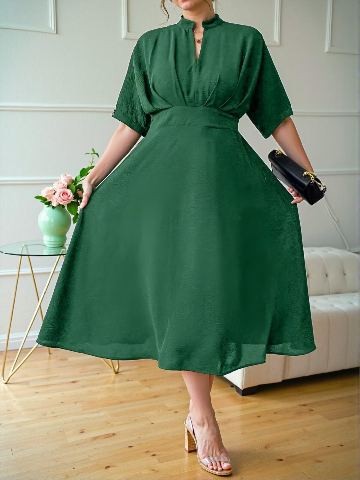 Elegant Green A-Line Midi Plus Size Dress with Pleats and V-Neck for Effortless Summer Style – Chic, Classy, and Trendy Fashion to Dress to Impress - Image 3