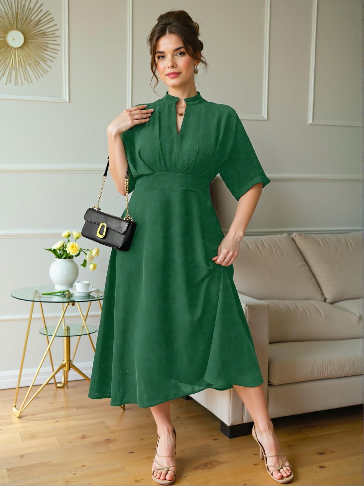 Elegant Green A-Line Midi Plus Size Dress with Pleats and V-Neck for Effortless Summer Style – Chic, Classy, and Trendy Fashion to Dress to Impress - Image 5