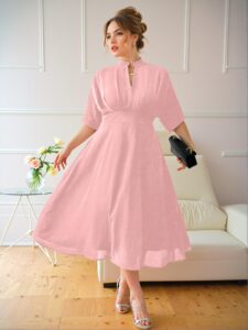 Elegant Pink Stylish V-Neck Ruched Plus Size Midi Dress for Casual Commuting with Loose Short Sleeves - Chic, Classy and Trendy Fashion Style to Dress to Impress