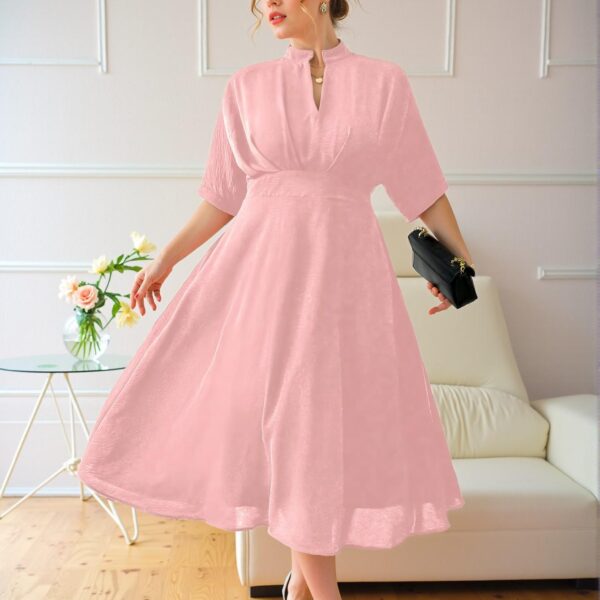 Elegant Pink Stylish V-Neck Ruched Plus Size Midi Dress for Casual Commuting with Loose Short Sleeves - Chic, Classy and Trendy Fashion Style to Dress to Impress