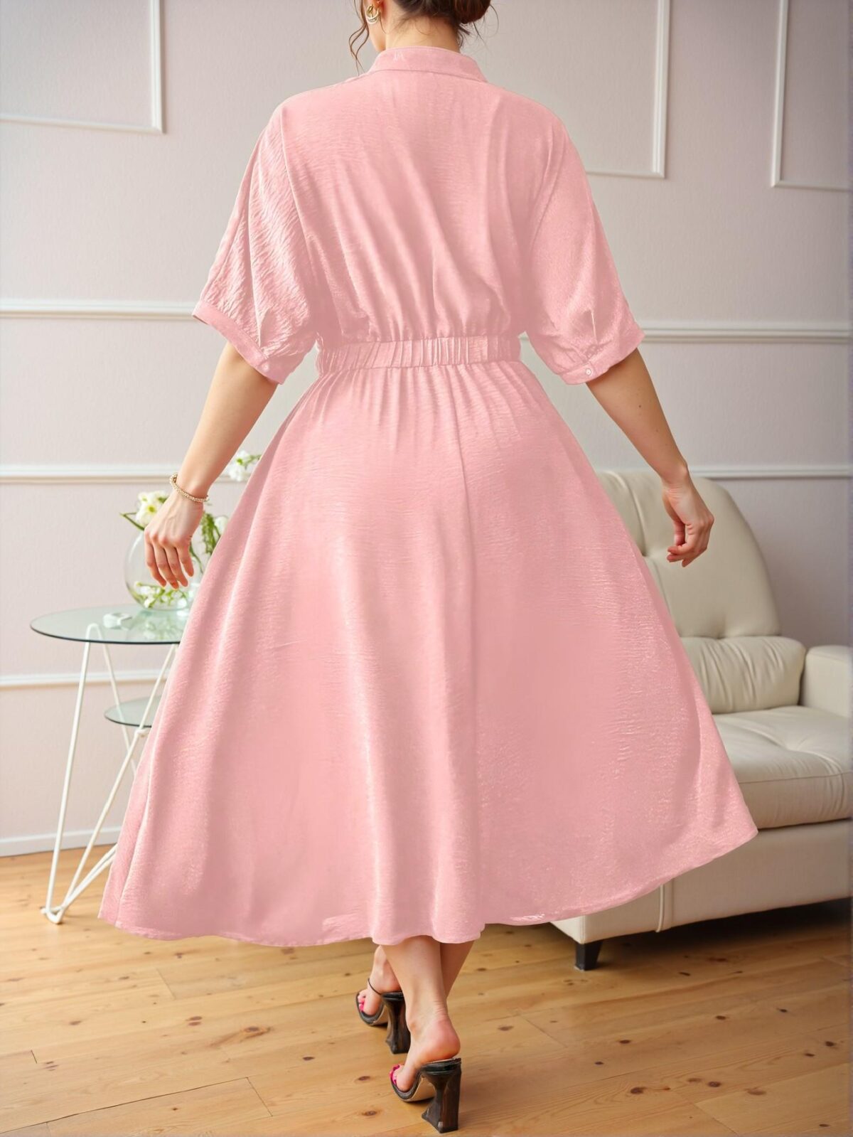 Elegant Pink Stylish V-Neck Ruched Plus Size Midi Dress for Casual Commuting with Loose Short Sleeves - Chic, Classy and Trendy Fashion Style to Dress to Impress - Image 2