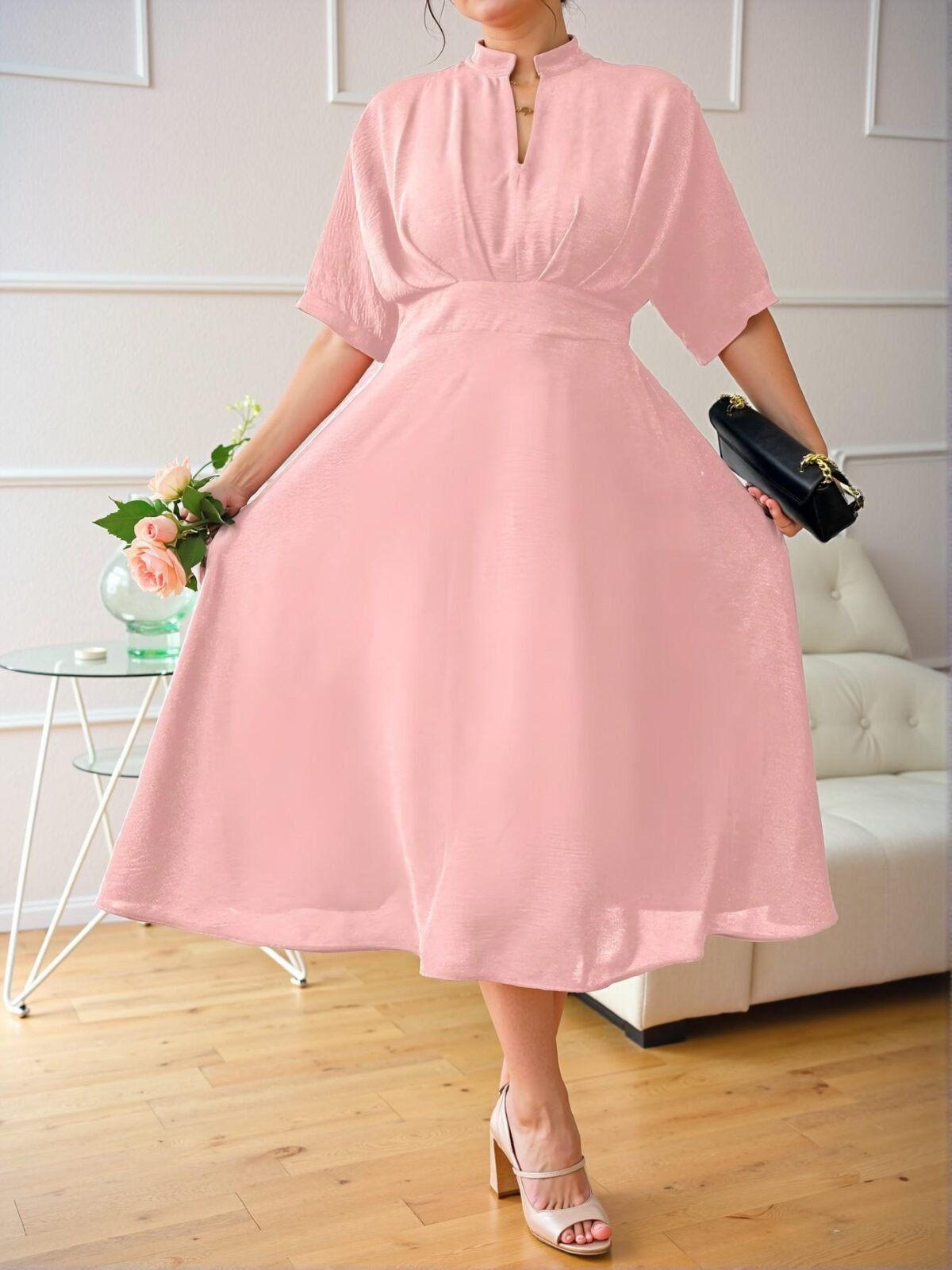 Elegant Pink Stylish V-Neck Ruched Plus Size Midi Dress for Casual Commuting with Loose Short Sleeves - Chic, Classy and Trendy Fashion Style to Dress to Impress - Image 3