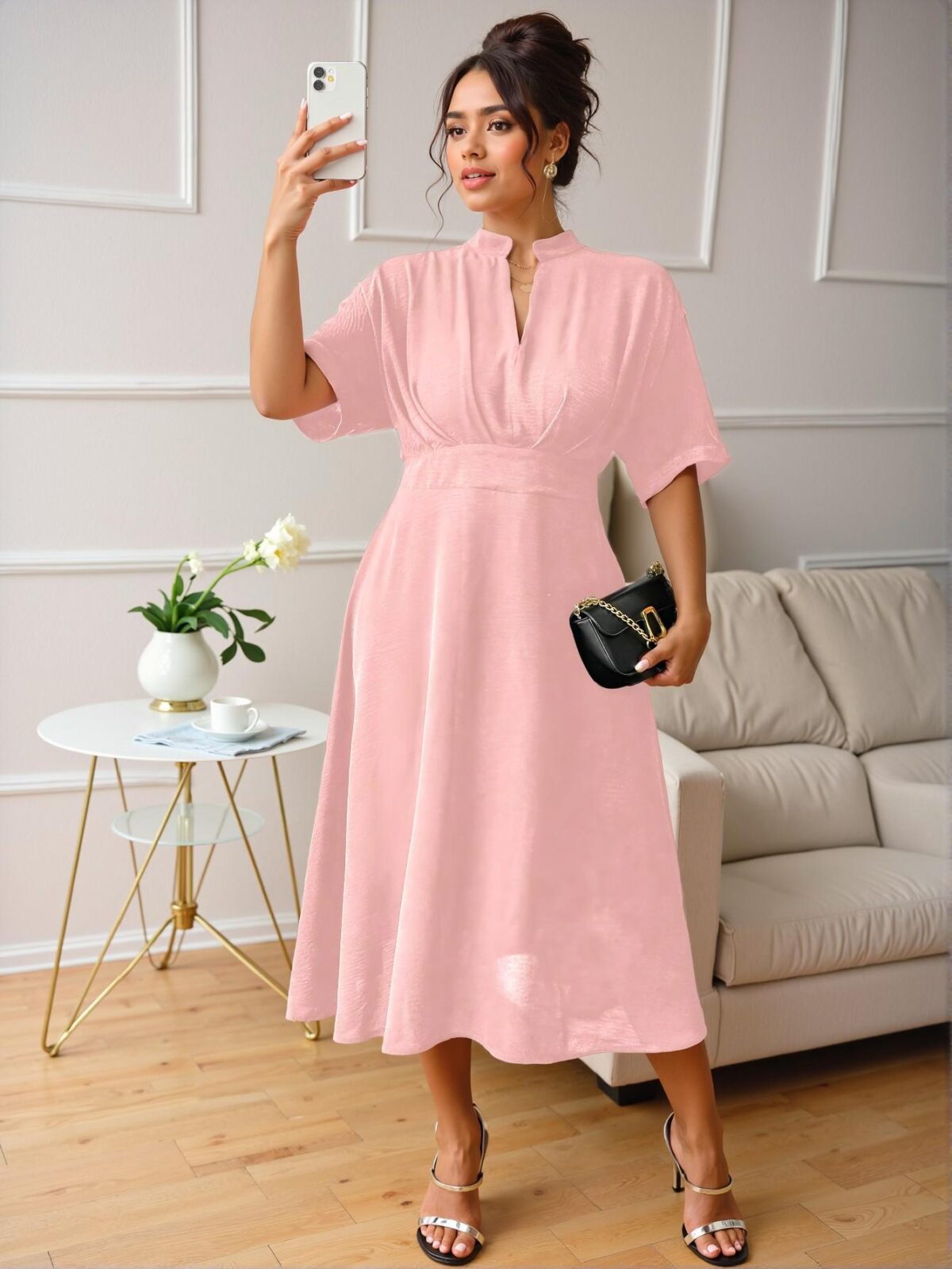 Elegant Pink Stylish V-Neck Ruched Plus Size Midi Dress for Casual Commuting with Loose Short Sleeves - Chic, Classy and Trendy Fashion Style to Dress to Impress - Image 4