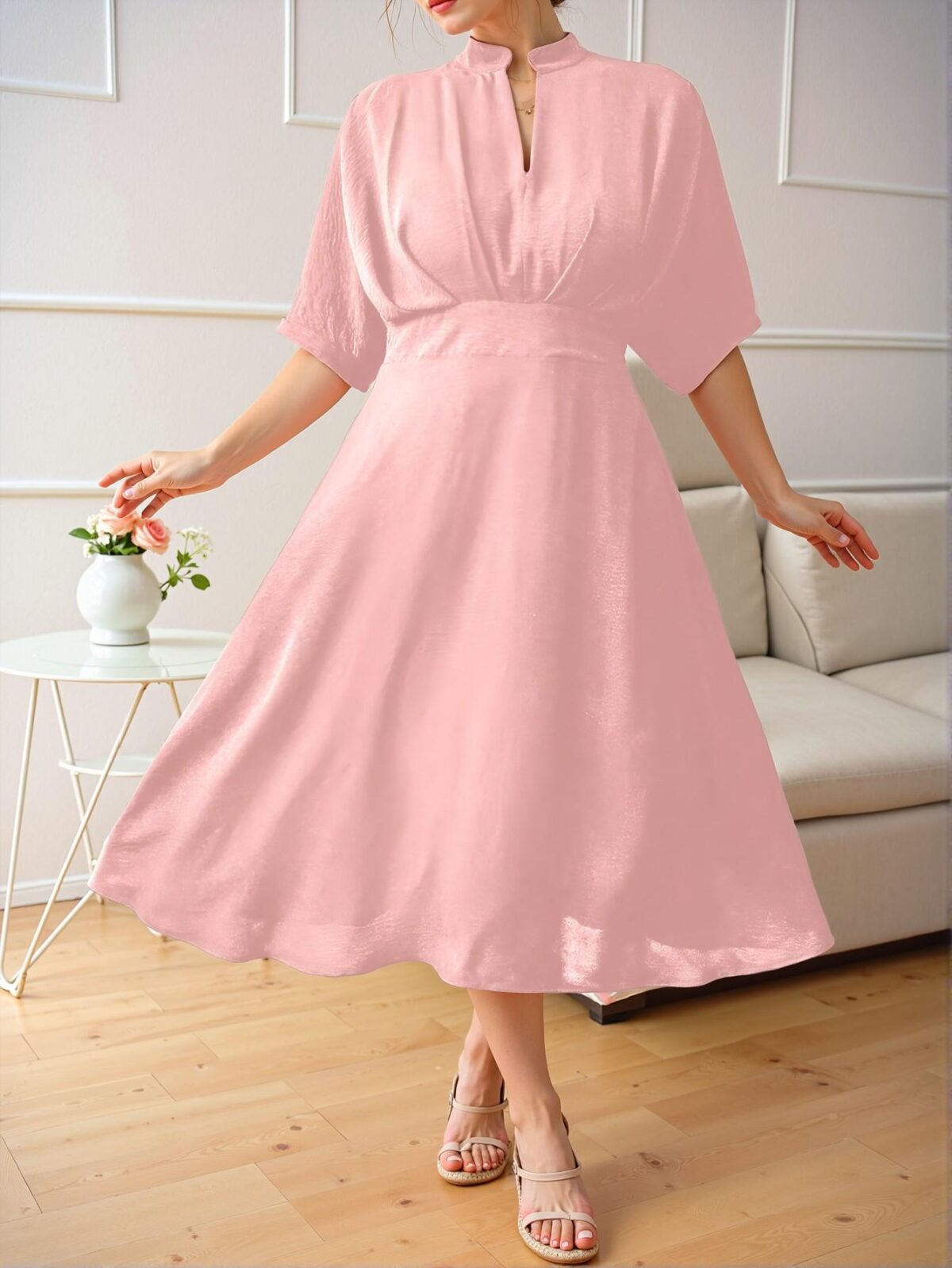 Elegant Pink Stylish V-Neck Ruched Plus Size Midi Dress for Casual Commuting with Loose Short Sleeves - Chic, Classy and Trendy Fashion Style to Dress to Impress - Image 5