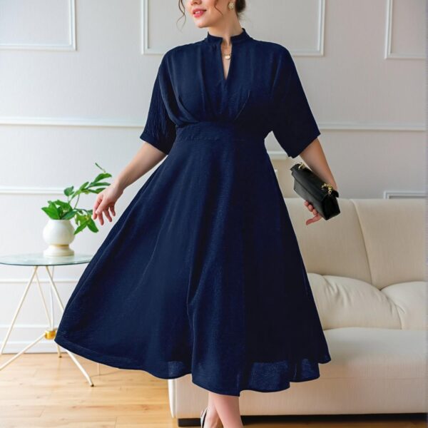 Elegant Navy Blue Pleated A-Line Midi Dress with V-Neck and Batwing Sleeves for Stylish Spring and Summer Commutes - Chic, Classy and Trendy Fashion Style to Dress to Impress