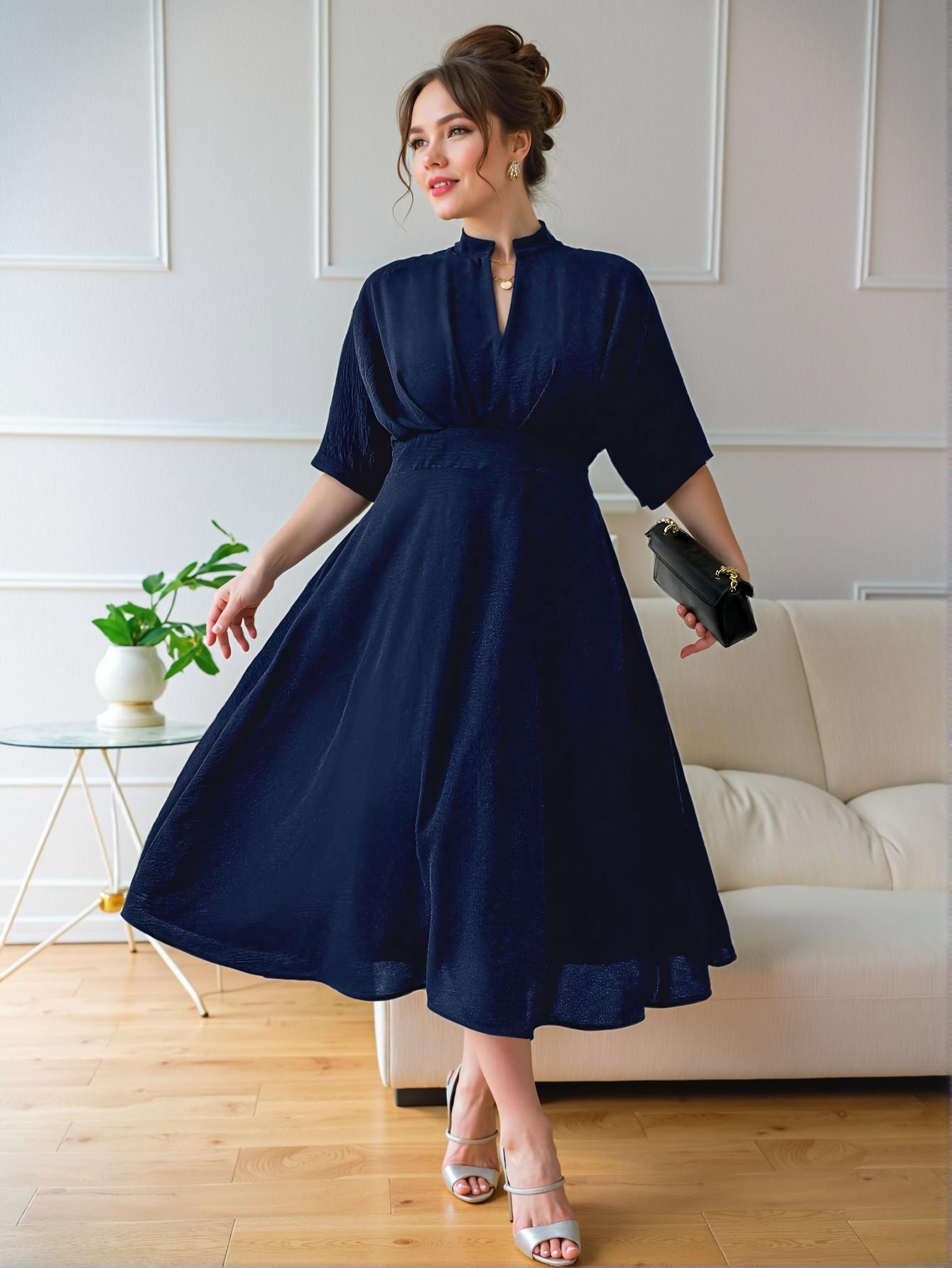 Elegant Navy Blue Pleated A-Line Midi Dress with V-Neck and Batwing Sleeves for Stylish Spring and Summer Commutes - Chic, Classy and Trendy Fashion Style to Dress to Impress