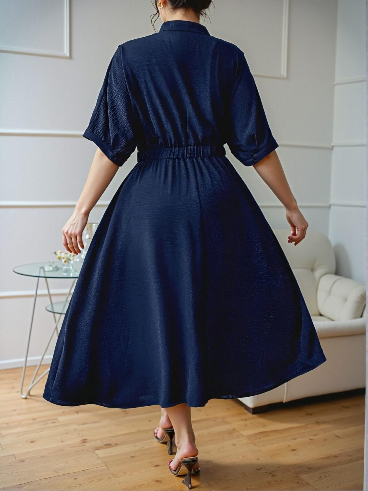 Elegant Navy Blue Pleated A-Line Midi Dress with V-Neck and Batwing Sleeves for Stylish Spring and Summer Commutes - Chic, Classy and Trendy Fashion Style to Dress to Impress - Image 2