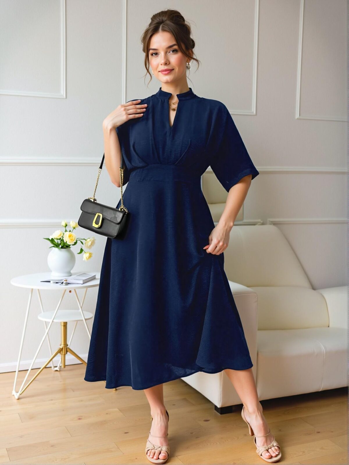 Elegant Navy Blue Pleated A-Line Midi Dress with V-Neck and Batwing Sleeves for Stylish Spring and Summer Commutes - Chic, Classy and Trendy Fashion Style to Dress to Impress - Image 3