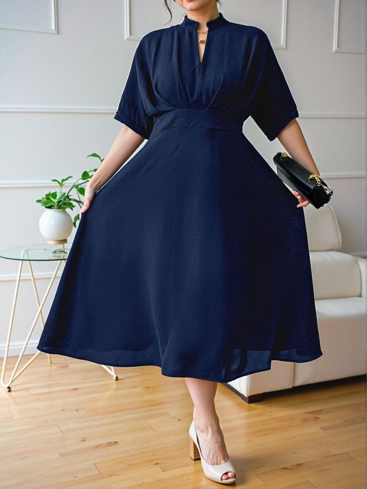 Elegant Navy Blue Pleated A-Line Midi Dress with V-Neck and Batwing Sleeves for Stylish Spring and Summer Commutes - Chic, Classy and Trendy Fashion Style to Dress to Impress - Image 4