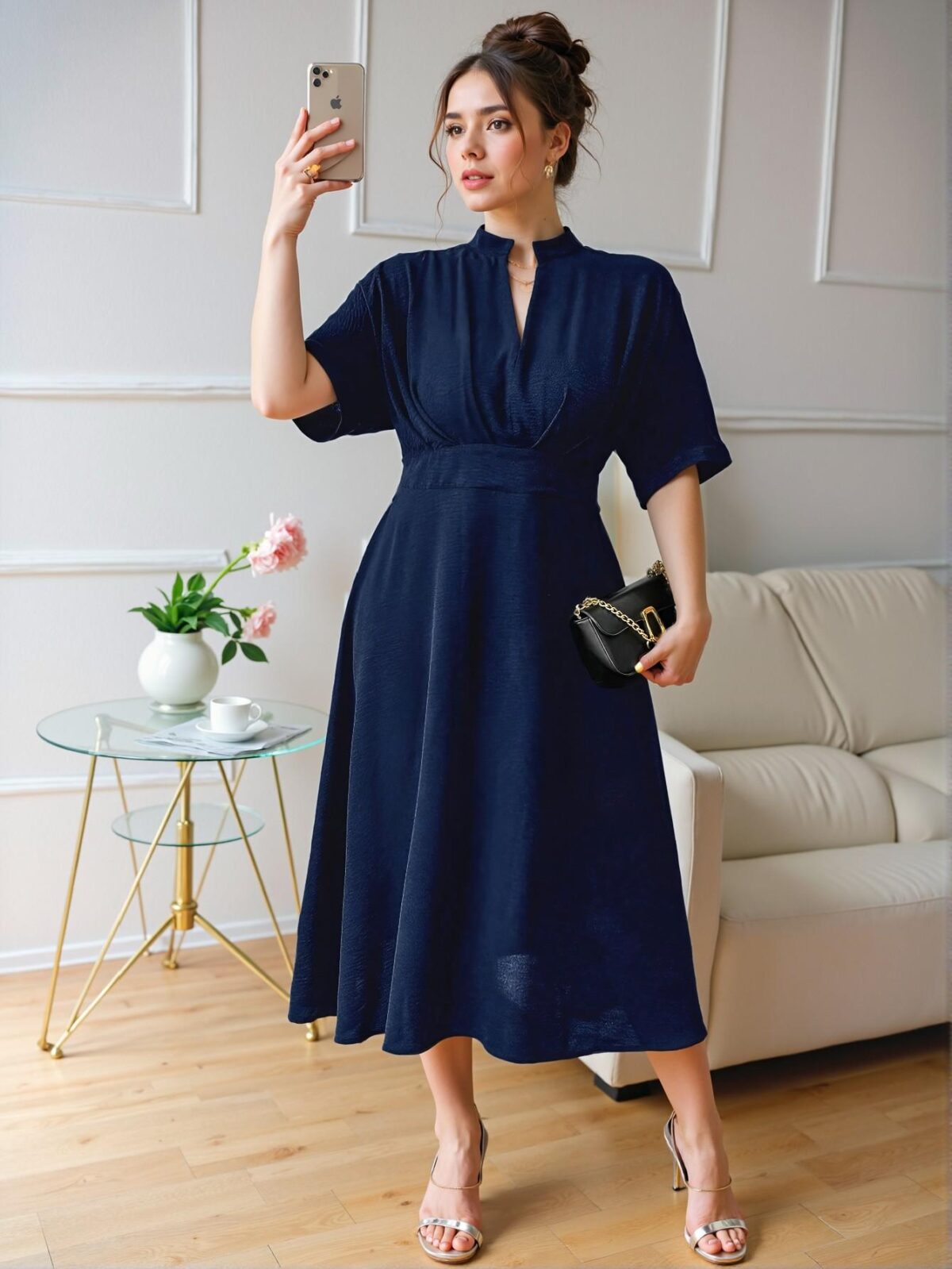 Elegant Navy Blue Pleated A-Line Midi Dress with V-Neck and Batwing Sleeves for Stylish Spring and Summer Commutes - Chic, Classy and Trendy Fashion Style to Dress to Impress - Image 5