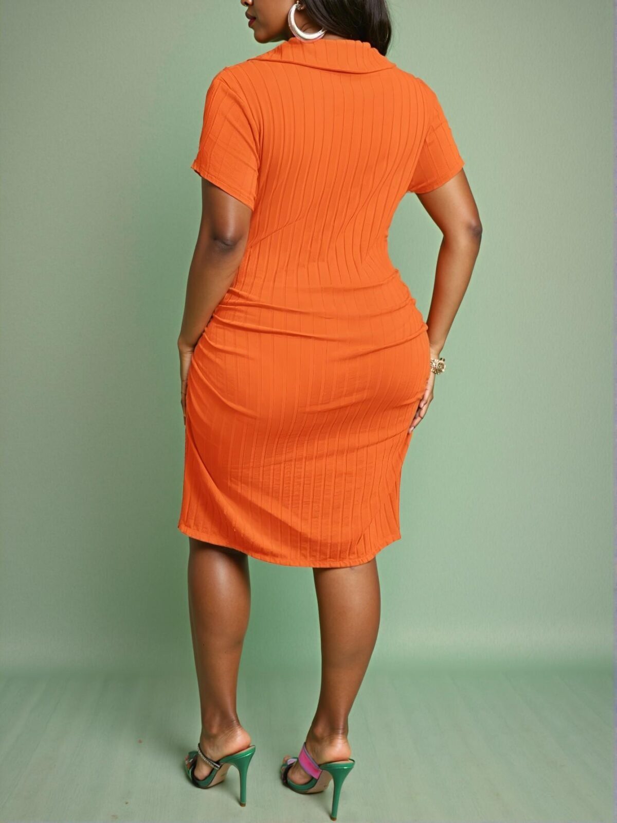 Elegant Orange Bodycon V-Neck Polo T-Shirt Dress with Slit for a Chic and Stylish Summer Look - Effortlessly Classy Fashion to Dress to Impress - Image 2