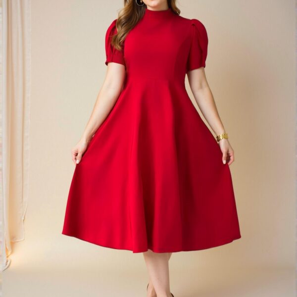 Elegant Red Flared Waist Sleeveless Midi Dress with High Neck and Slimming A-Line Design for Work or Casual Wear, Perfect for Spring and Summer - Chic, Classy, and Trendy Fashion Style to Dress to Impress
