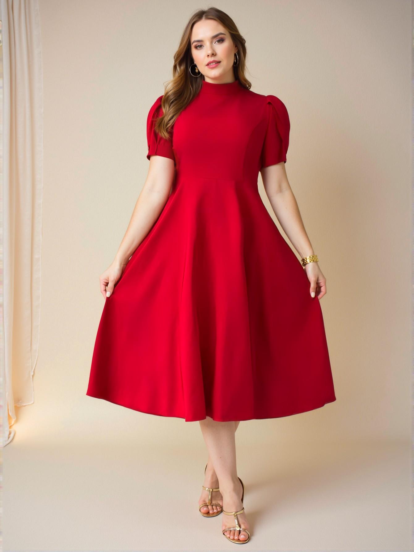 Elegant Red Flared Waist Sleeveless Midi Dress with High Neck and Slimming A-Line Design for Work or Casual Wear, Perfect for Spring and Summer - Chic, Classy, and Trendy Fashion Style to Dress to Impress