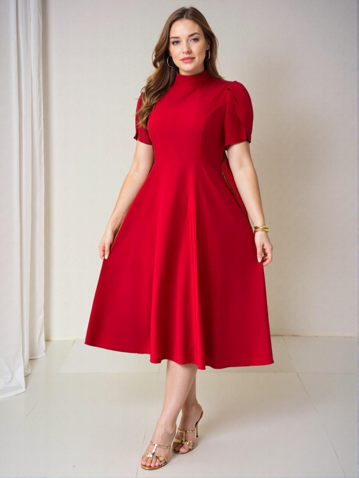 Elegant Red Flared Waist Sleeveless Midi Dress with High Neck and Slimming A-Line Design for Work or Casual Wear, Perfect for Spring and Summer - Chic, Classy, and Trendy Fashion Style to Dress to Impress - Image 2