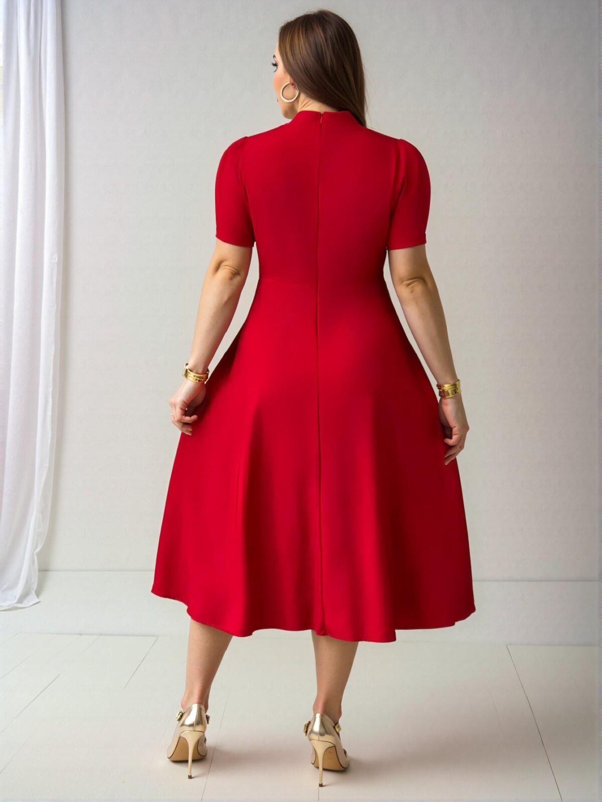 Elegant Red Flared Waist Sleeveless Midi Dress with High Neck and Slimming A-Line Design for Work or Casual Wear, Perfect for Spring and Summer - Chic, Classy, and Trendy Fashion Style to Dress to Impress - Image 3