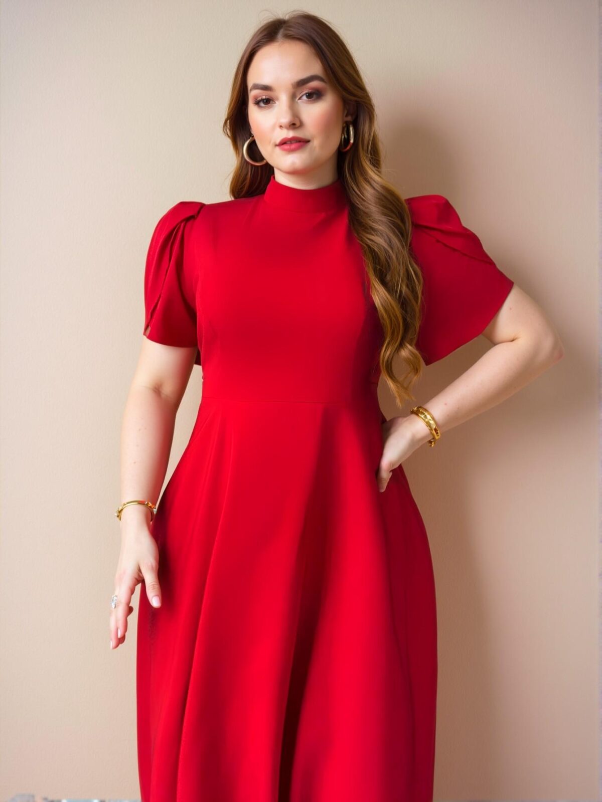 Elegant Red Flared Waist Sleeveless Midi Dress with High Neck and Slimming A-Line Design for Work or Casual Wear, Perfect for Spring and Summer - Chic, Classy, and Trendy Fashion Style to Dress to Impress - Image 4