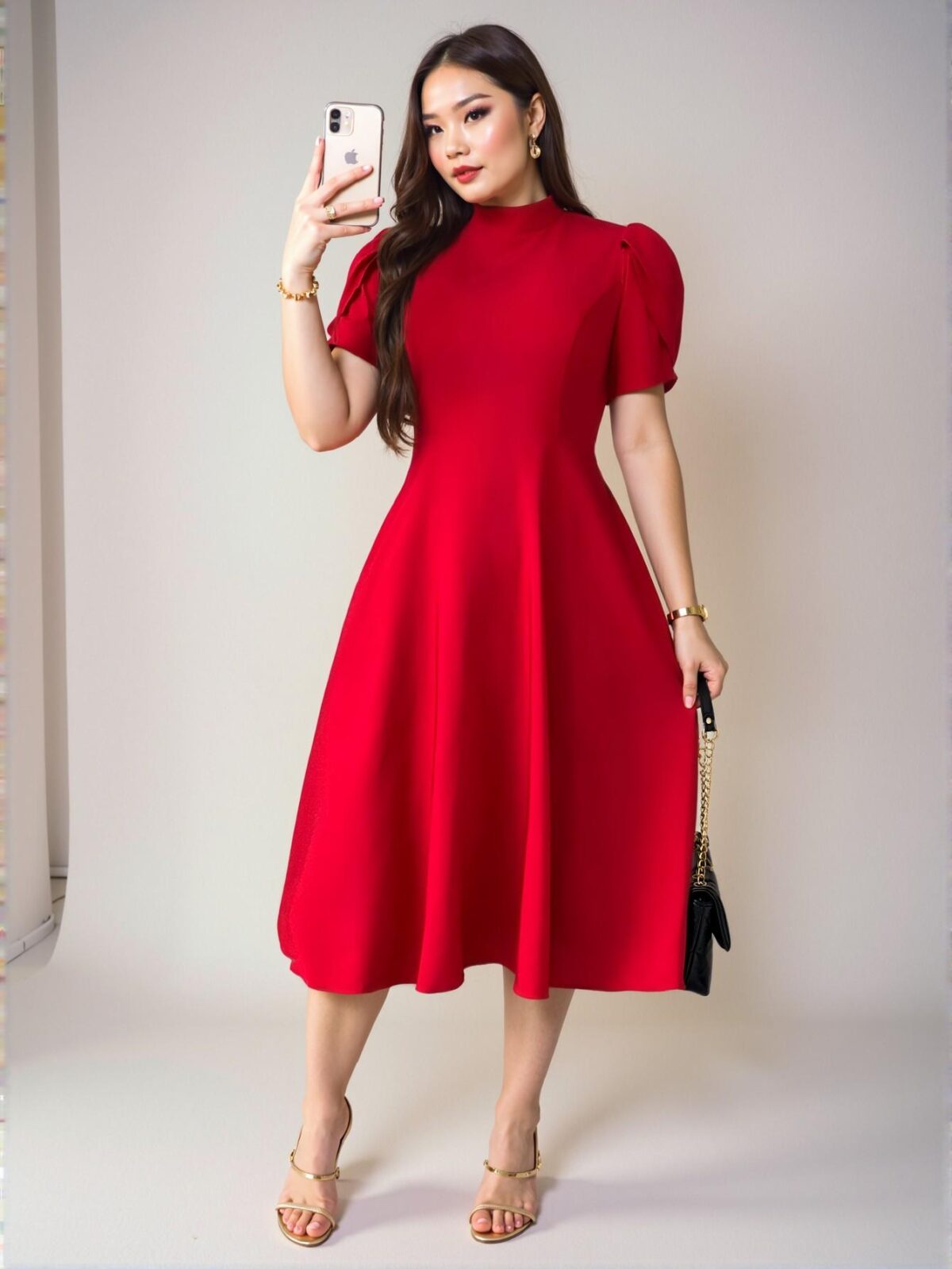 Elegant Red Flared Waist Sleeveless Midi Dress with High Neck and Slimming A-Line Design for Work or Casual Wear, Perfect for Spring and Summer - Chic, Classy, and Trendy Fashion Style to Dress to Impress - Image 5