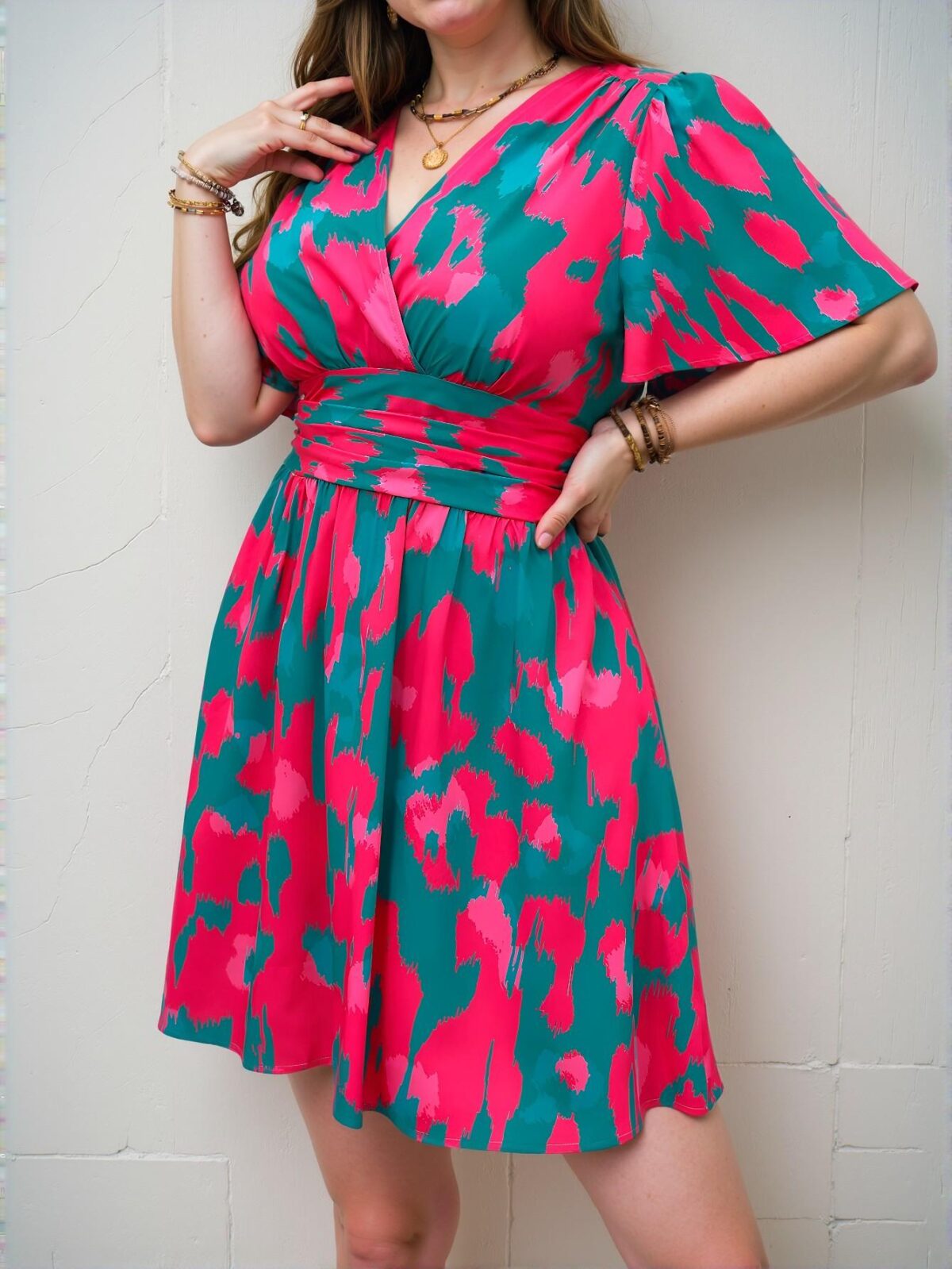 Elegant Hot Pink Random Printed Tie-Waist Dress for Spring and Summer - Chic, Classy and Trendy Fashion Style to Dress to Impress - Image 4