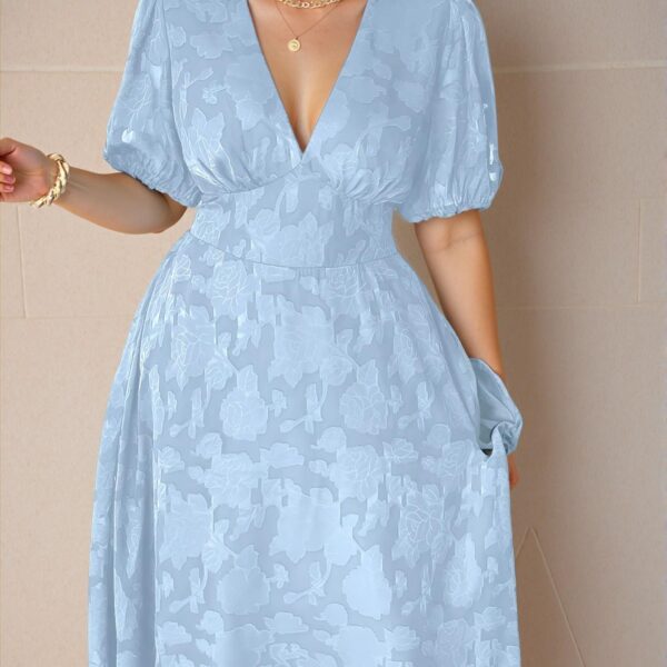 Elegant Blue Textured A-Line Dress with V-Neck and Puff Sleeves for Spring and Summer - Chic, Classy and Trendy Fashion Style to Dress to Impress