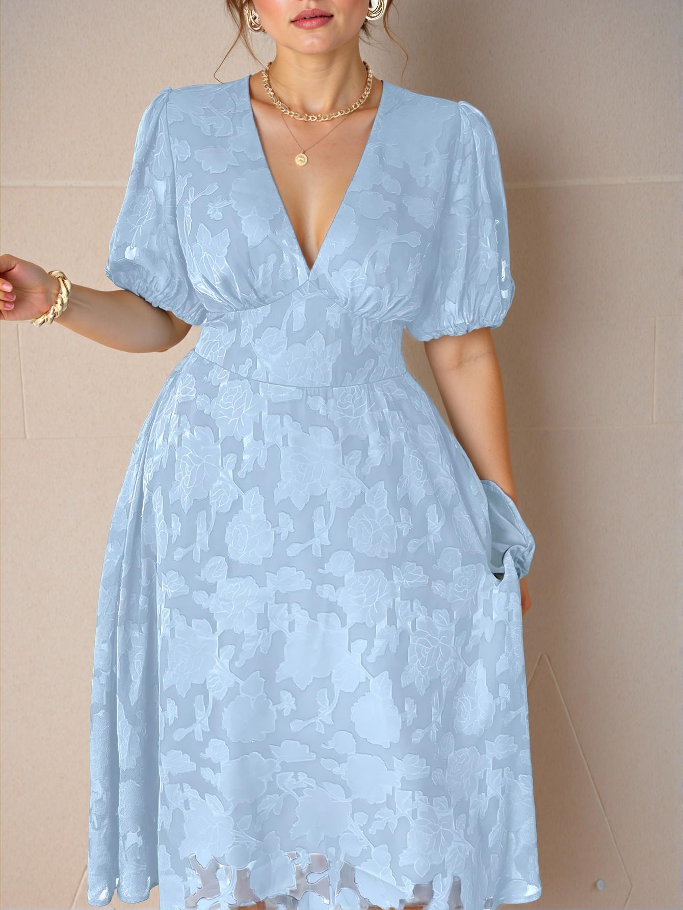 Elegant Blue Textured A-Line Dress with V-Neck and Puff Sleeves for Spring and Summer - Chic, Classy and Trendy Fashion Style to Dress to Impress