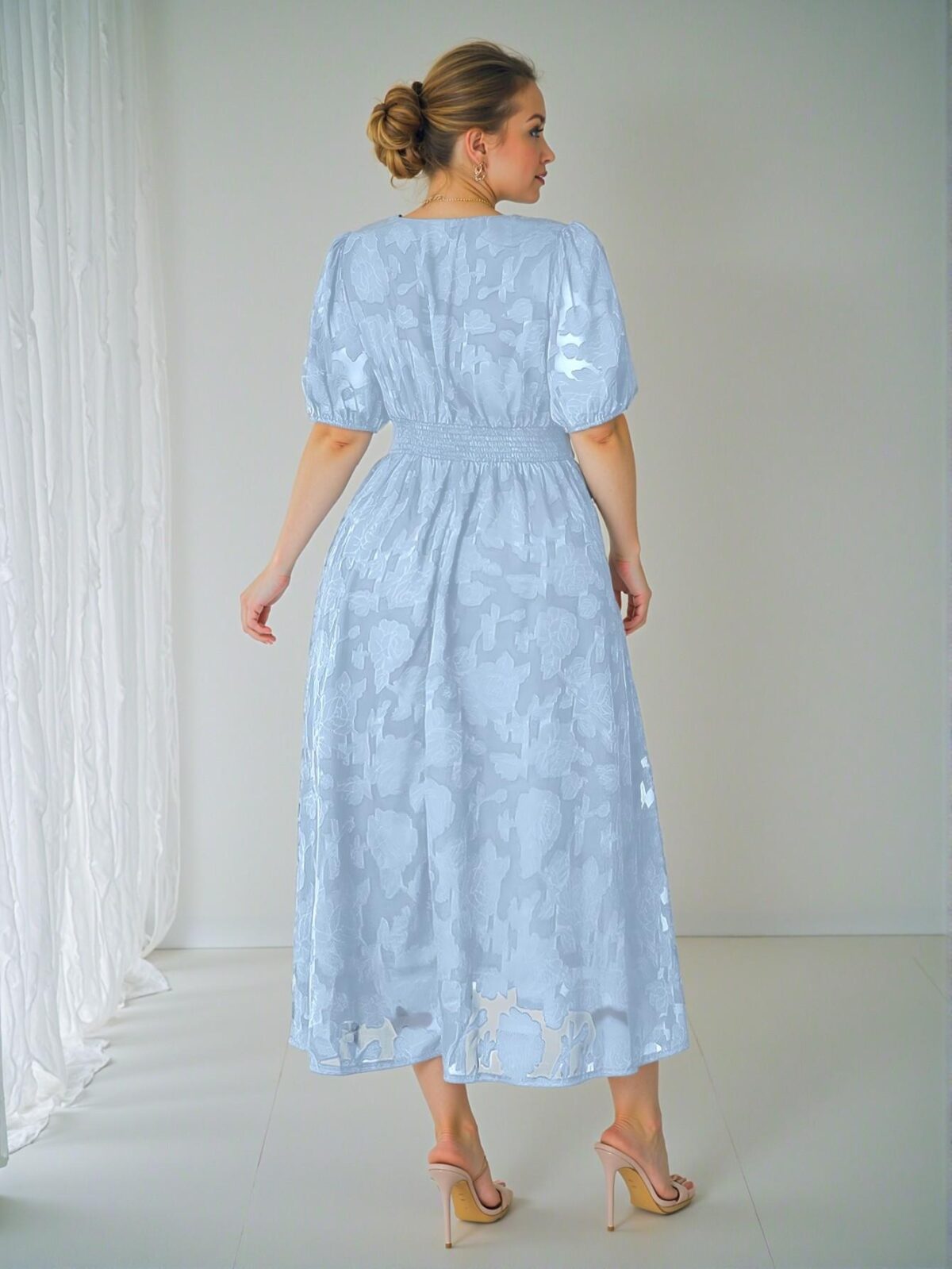 Elegant Blue Textured A-Line Dress with V-Neck and Puff Sleeves for Spring and Summer - Chic, Classy and Trendy Fashion Style to Dress to Impress - Image 2