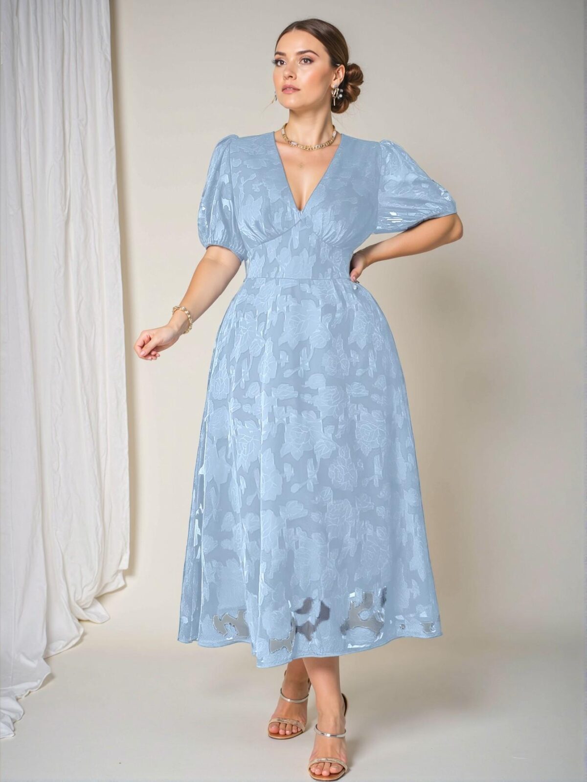 Elegant Blue Textured A-Line Dress with V-Neck and Puff Sleeves for Spring and Summer - Chic, Classy and Trendy Fashion Style to Dress to Impress - Image 3