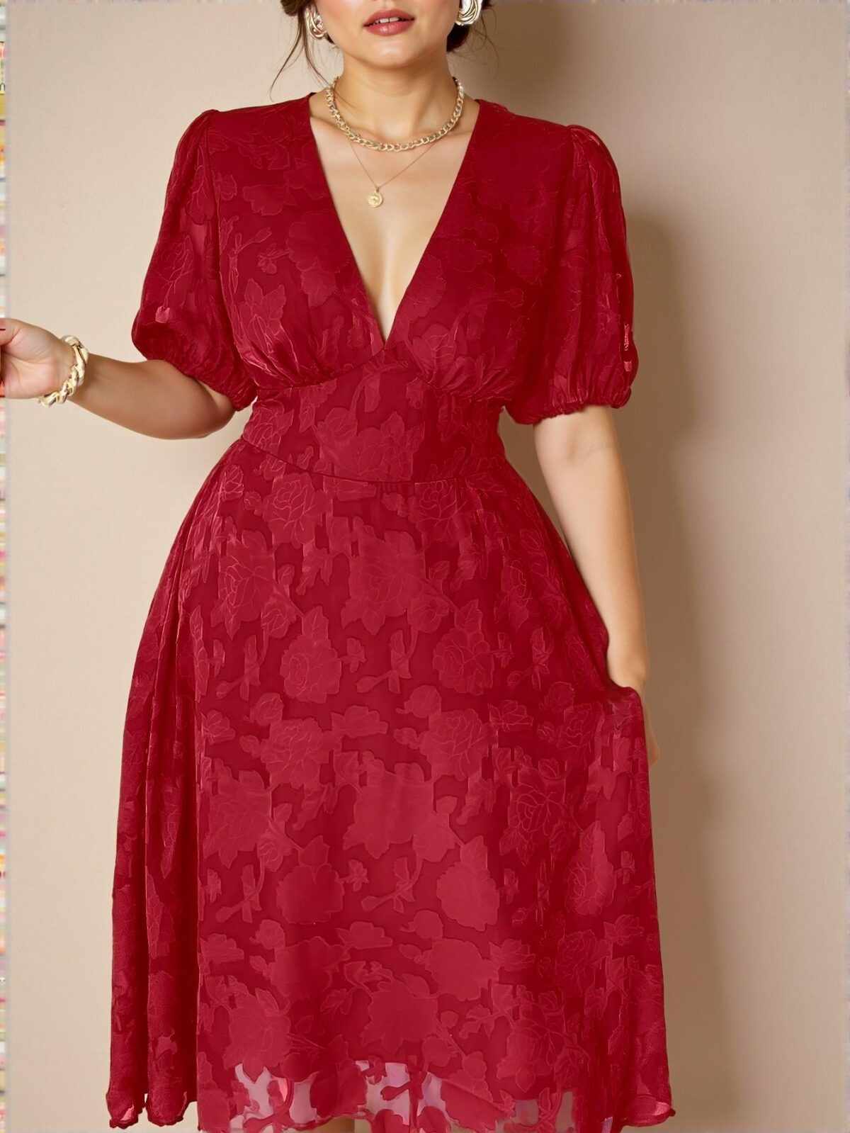 Elegant Red Textured A-Line Dress with V-Neck and Puff Sleeves for Summer Chic, Classy and Trendy Fashion Style to Dress to Impress